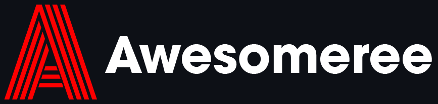 Awesomeree white logo with red stylized A on black background
